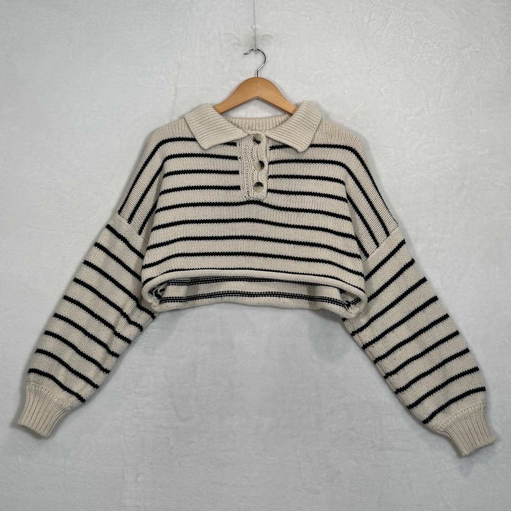 Hyfve Cream Black Striped Cropped Polo Sweater Small